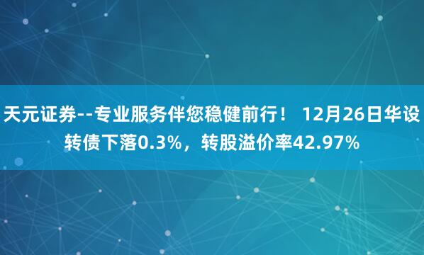 天元证券--专业服务伴您稳健前行！ 12月26日华设转债下落0.3%，转股溢价率42.97%